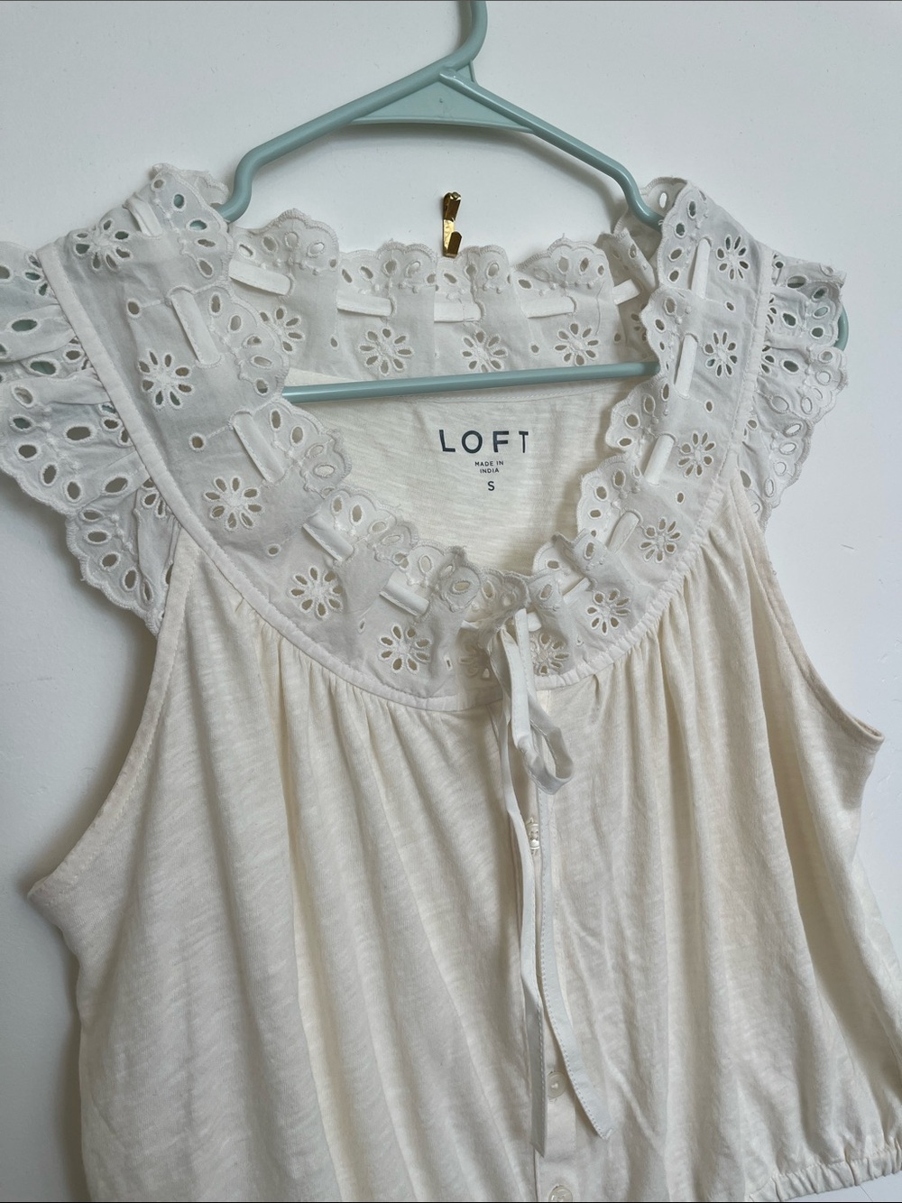 Loft Eyelet Ruffle Tie Neck Button Top - Picture 5 of 11